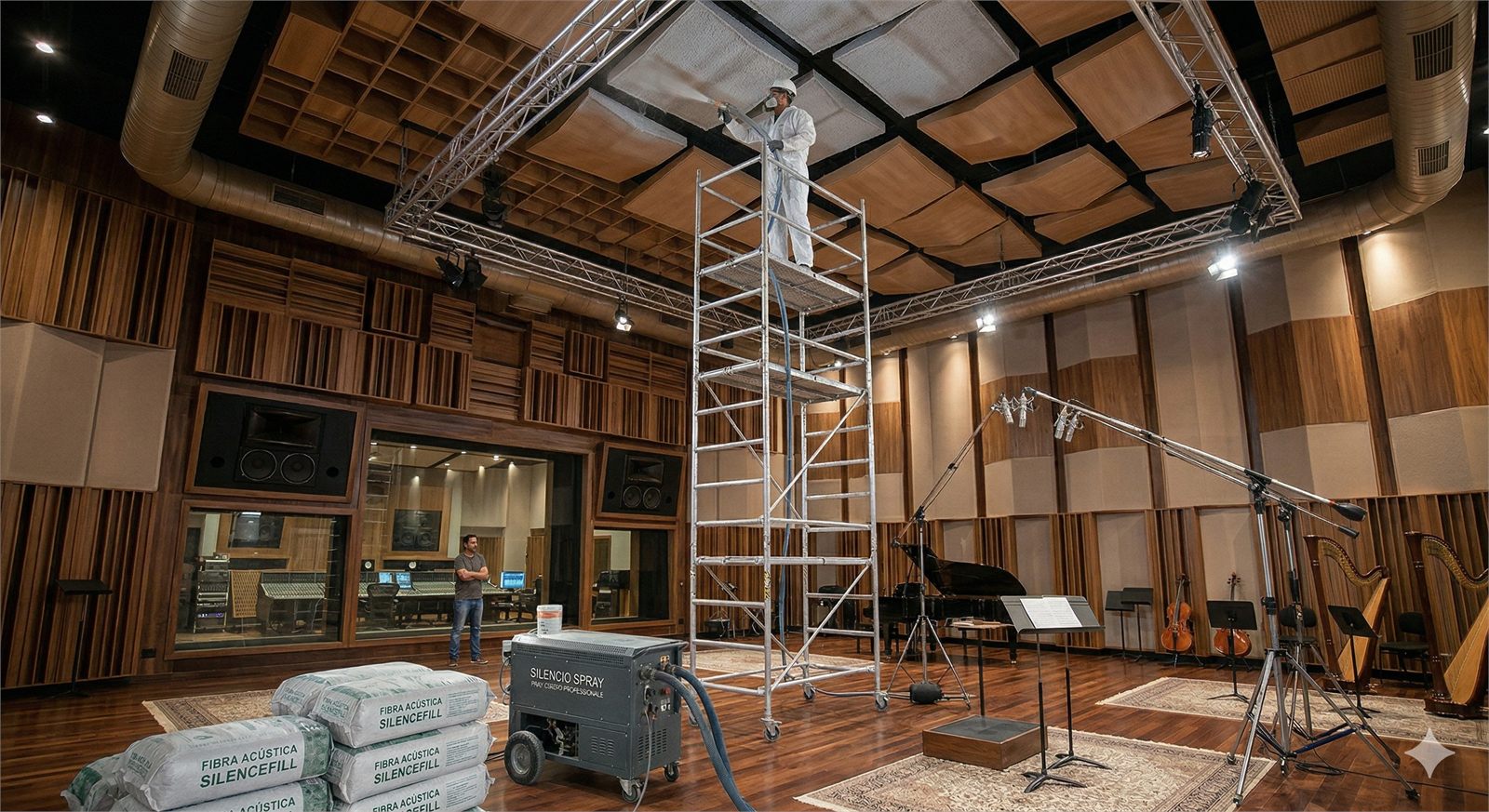 Ambiente com isolamento acústico aplicado por jateamento