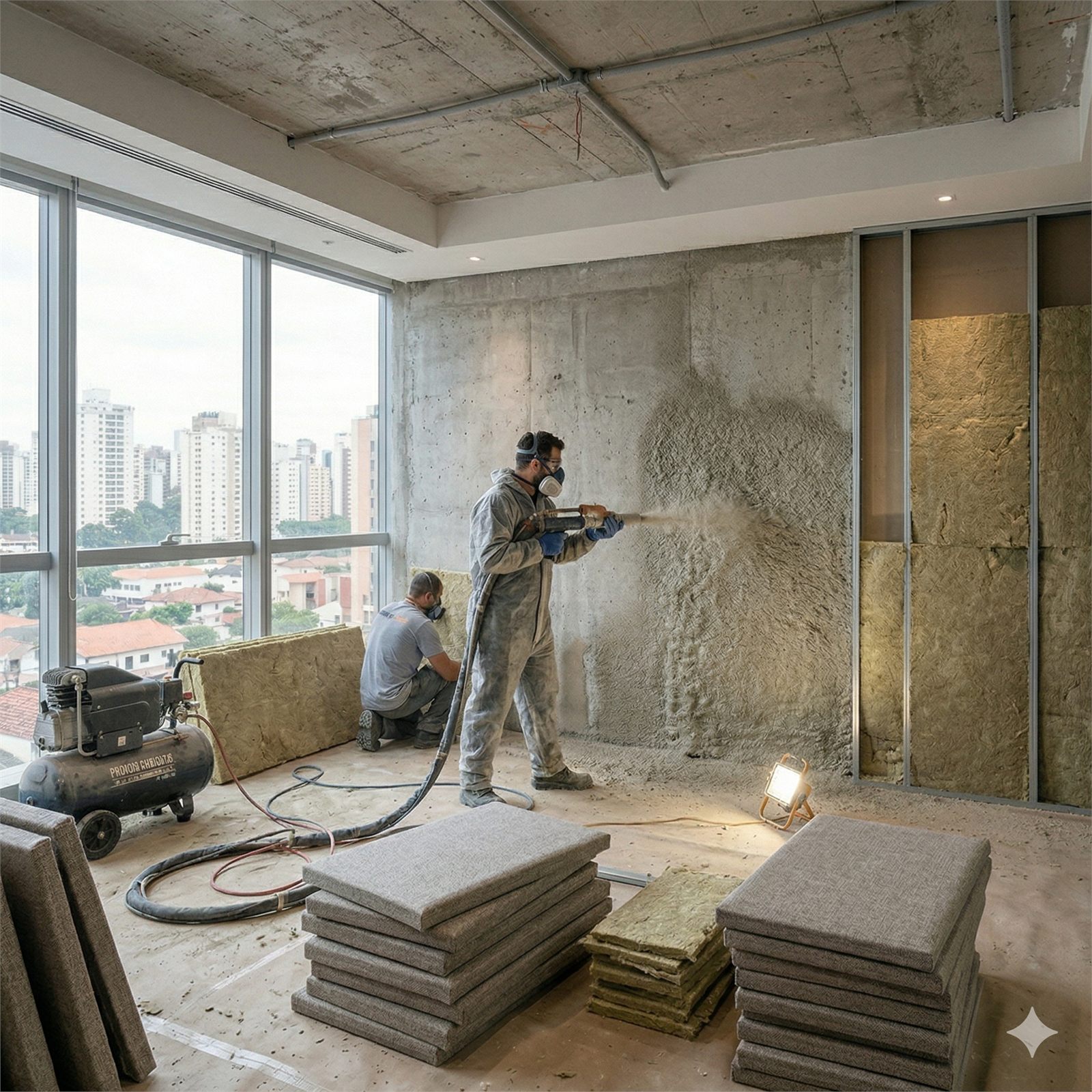 Equipe realizando jateamento acústico em área industrial